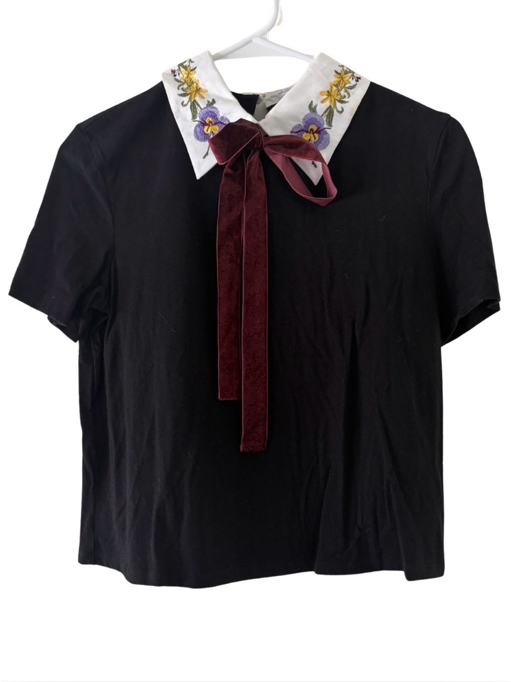 Zara Black Top with Embroidered White Collar and Burgundy Velvet Tie